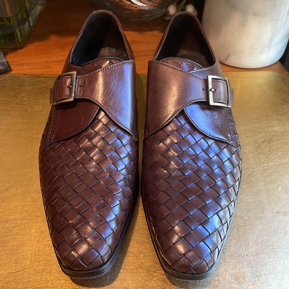 Paul Fredrick Woven Monk Strap Loafers in Brown Leather